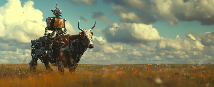 Une illustration futuriste d'un robot assis sur une vache robotis&eacute;e, dans la nature, image avec espace pour texte.