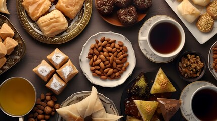 Top view of assorted oriental sweets and tea on a wooden table.