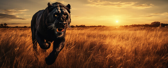L'attaque d'une lionne noire, dans la savane africaine, au coucher du soleil, image avec espace pour texte. - obrazy, fototapety, plakaty