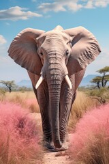 Une illustration d'un éléphant marchant dans une savane colorée - obrazy, fototapety, plakaty
