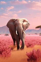 Fototapeta na wymiar Une illustration d'un éléphant marchant dans une savane colorée, image avec espace pour texte.