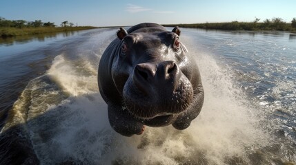 Une illustration d'un hippopotames bondissant hors d'une rivière africaine - obrazy, fototapety, plakaty