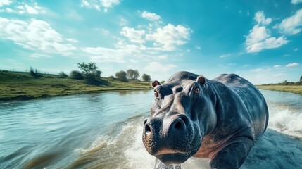 Une illustration d'un hippopotames bondissant hors d'une rivière africaine, image avec espace pour texte. - obrazy, fototapety, plakaty