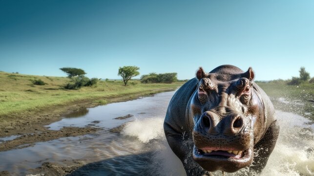 Une illustration d'un hippopotames bondissant hors d'une rivière africaine, image avec espace pour texte.