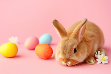 Fototapeta na wymiar Easter bunny rabbit and eggs on pink background