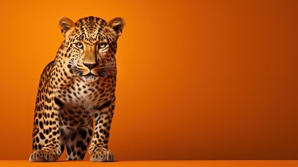 Un léopard debout, regardant fièrement, sur fond orange, image avec espace pour texte.