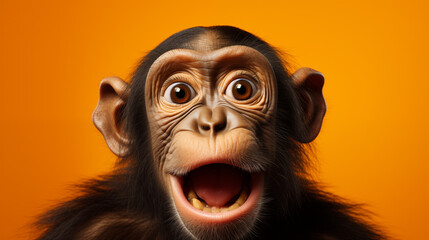 Le portrait d'un jeune chimpanzé souriant sur fond orange