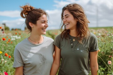 Two young women standing in a field of flowers, smiling at each other