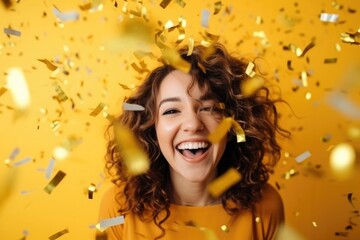 Curly brunette laughs surrounded by confetti