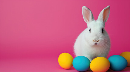 Festive bunny rabbit with colorful easter eggs on pink background