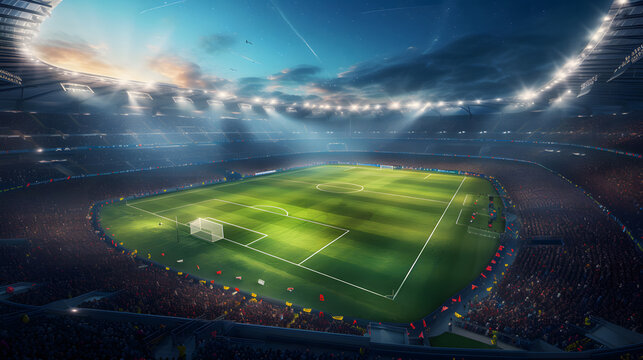 Large football field stadium with lights at night.
