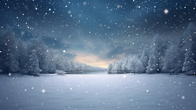 winter night landscape. snowy forest and fir branches, spruce forest night snow stars, Generative Ai