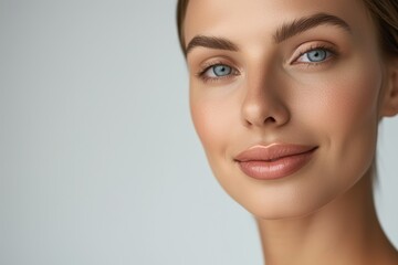 Naklejka premium Skincare commercial model age more than 40, extremely realistic skin detail, upper body, mild smile, white skin