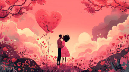 Romantic poster for Valentines day. Drawing of mixed race couple, hugging, kissing. Fantasy background, with hearts flowers, pink tones.