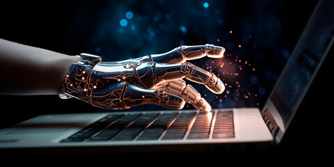 technological progress, artificial intelligence. robot hands working at the computer	