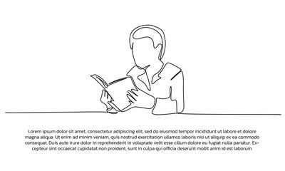 Obraz premium Continuous line design of boy reading a book. Single line decorative element drawn on white background.