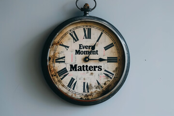 An old-fashioned round wall clock with Roman numerals and a message 'Every Moment Matters' in the center
