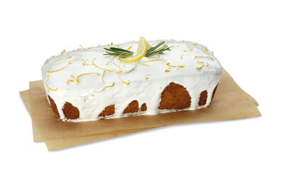 Tasty lemon cake with glaze isolated on white