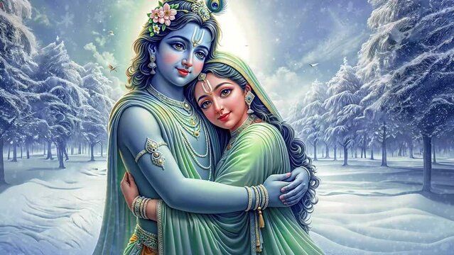 Digital Illustration depicting the Divine Love of Radha Krishna with a winter background.