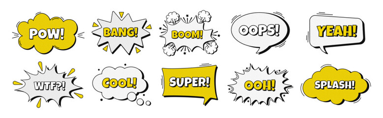 Set of comic speech bubbles with text and halftone. White and yellow dialog bubbles. Comic speech explosions with different words: pow, bang, boom, oops, super, wtf, cool, ooh, yeah, splash