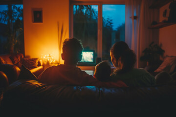 Back view of family with kid sitting in front of tv. Child and parents watching television in dark living room. Films and movies for family. Appropriate content for kids. - Powered by Adobe
