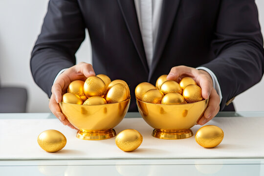 Businessman allocate golden egg in two baskets. Don't put all eggs in one basket in business