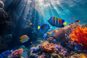 Fototapeta na wymiar Colorful fish swimming in underwater coral reef landscape. Deep blue ocean with colorful fish and marine life.
