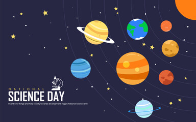 National Science Day Vertical poster with a blue background. 'NATIONAL SCIENCE DAY' in white at the top, followed by the date. 