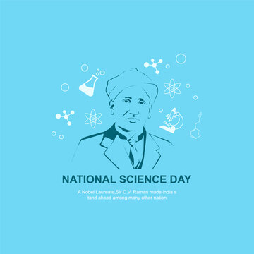 Curiosity Unleashed  National Science Day, Blue-themed image showcasing a microscope, test tubes, a book, and a plant. Text reads 'National Science Day,' 'February 28' A Nobel Prize C. V. Raman