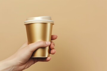 woman hand holding a blank to go golden metallic cup of coffee, pastel beige background, luxury segment