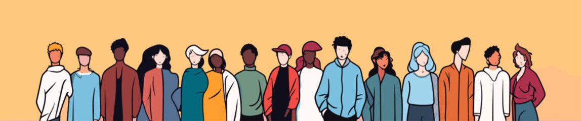 Obraz premium Vectorized diverse group of people in a harmonious arrangement symbolizing unity and inclusivity in a vibrant and meaningful vector art background. simple minimalist illustration creative