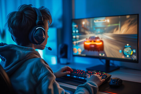 Teenage boy wearing big headphones playing racing game at home. Young teen kid playing videogame on his desktop computer. Computer games addiction in children.