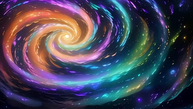 Iridescent spiral Sparkling galaxy swirl spinning in dark space