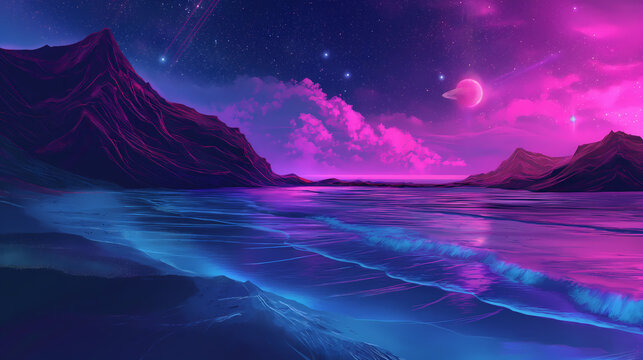 4K Cosmic Dreamscape Wallpaper: Surreal Extraterrestrial Landscape with Luminous Planets and Shooting Stars - Digital 3D Background