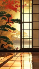 A vintage Japanese room background, featuring a traditional high-class Japanese-style room with walls adorned in gold-backed paintings