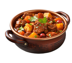 Beef meat stewed with potatoes, carrots and spices in cast iron pot on burned on a png background