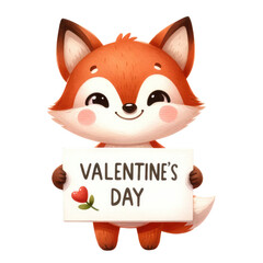 Watercolor cute fox holding a "Valentine's Day" sign. Romantic animal. Valentine's element clipart. 