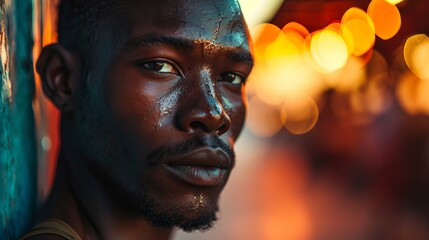 Portrait of a handsome African man with dark skin. Concept: pronounced facial features, illuminated in such a way as to highlight the details and texture of the face
