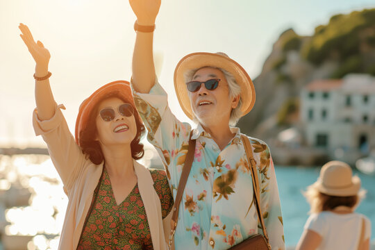 Beautiful Asian senior couple having fun while visiting small Italian town on sunny summer day. Elderly man and woman posing on city street. - Powered by Adobe