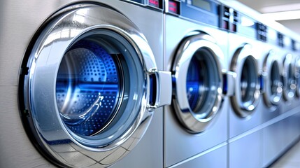 The heart of cleanliness beats in this laundromat, with rows of washing machines tirelessly working to remove stains and odors, ensuring garments emerge spotless.