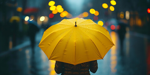 Woman holding a yellow umbrella in loneliness on the street