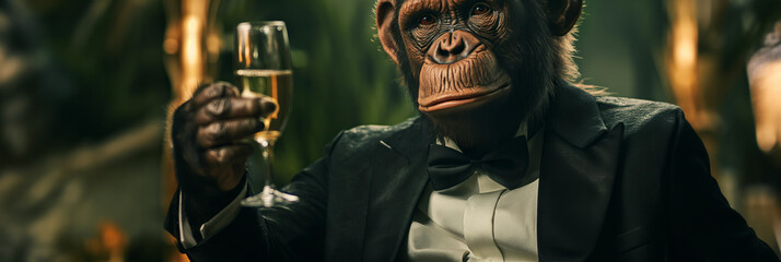 ape wearing tuxedo suit holds out a champagne glass isolated on dark green background	
