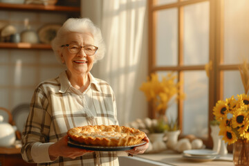 Happy cheerful senior woman holding freshly baked pie on her sunny kitchen. Grandma baking desserts for her grandchildren.