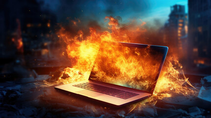 Burning laptop and keyboard, equipment fire due to faulty battery and wiring. Laptop Computer setting the world on fire. - obrazy, fototapety, plakaty