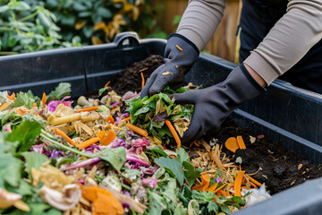 Person wearing gloves throwing food and yard scraps into a residential compost bin. Decomposing organic matter rich in nutrients and beneficial organisms. - obrazy, fototapety, plakaty