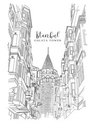 hand drawn istanbul galata tower and old traditional houses
