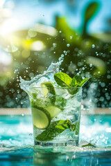  Beautiful hight detailed mojito cocktail on the poolside background. Selective focus. Freshness, water splash , mint leaves floating around