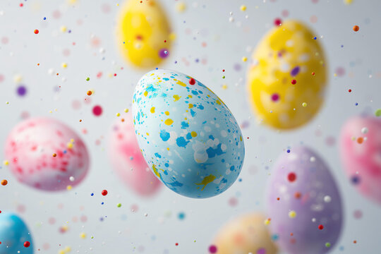
easter eggs floating in the air with vibrant paint splashes isolated on background