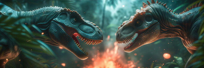 
two realistic dinosaurs in the tropical jungle against the backdrop of a blurry erupting volcano