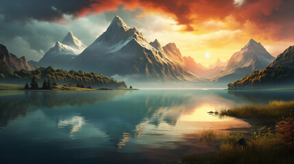 Fototapeta na wymiar Breathtaking natural landscape with the sun rising over mountain peaks, and a tranquil lake reflecting the morning light